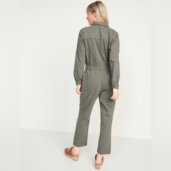 NWT! Long-Sleeve Cropped Green Jean Utility Jumpsuit - XS Tall - Picture 2 of 4